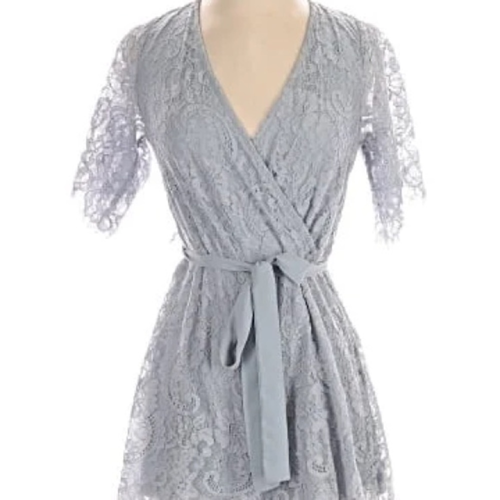 Trixxi Backless Lace Romper in Light Gray Shear lace Sleeves and lined bodice
